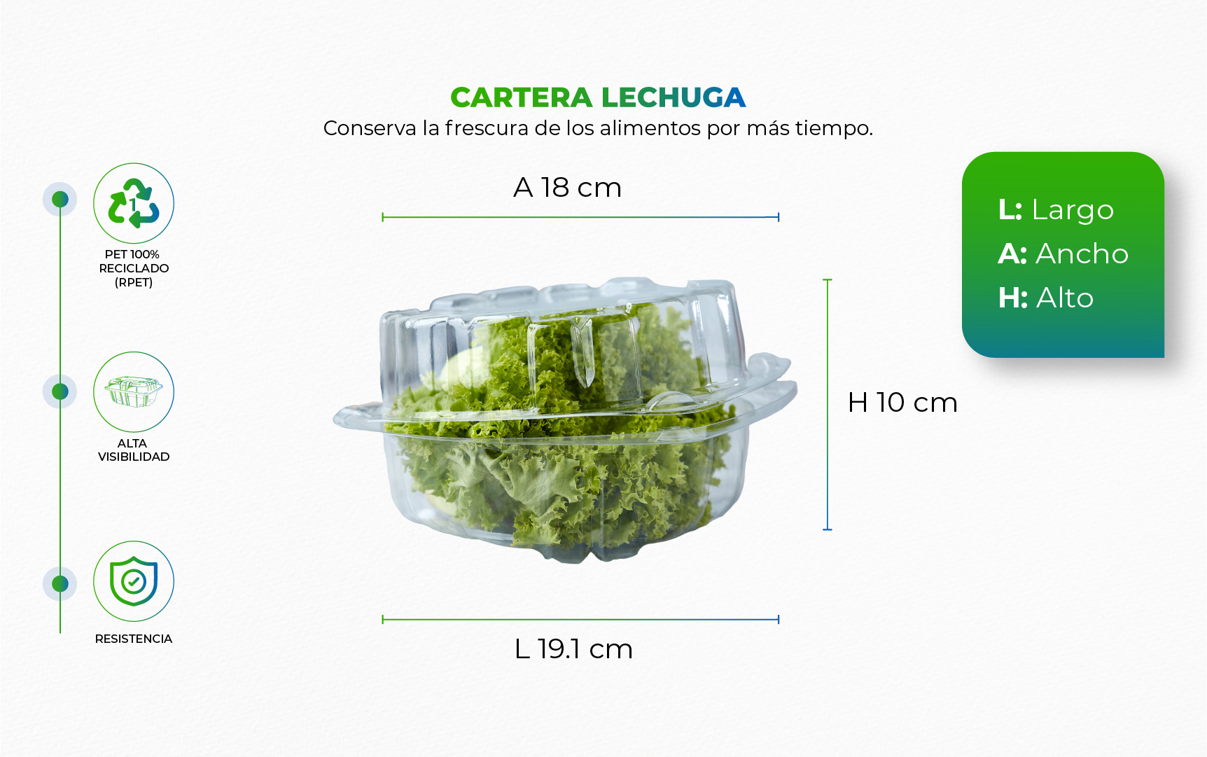 Empaque para frutas y hortalizas con sistema de ventilación, ideal para conservar, proteger y exhibir los alimentos frescos por más tiempo.