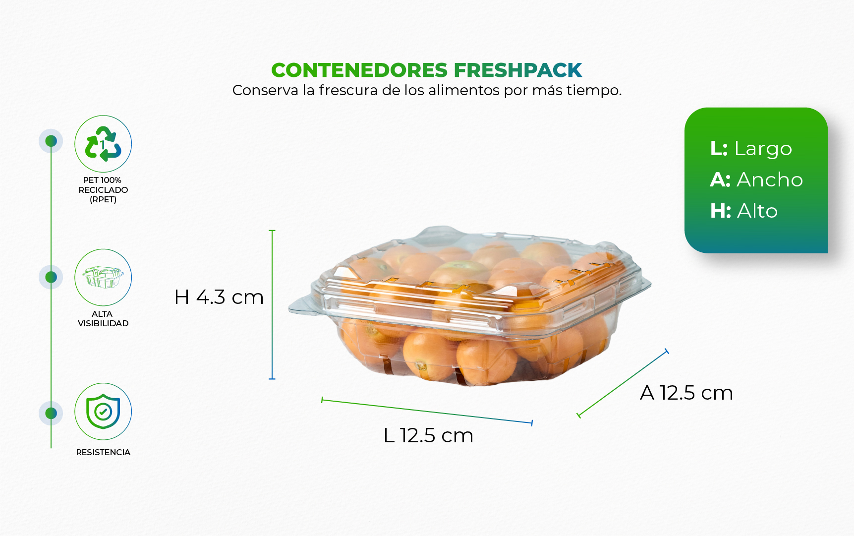 Empaque para frutas y hortalizas con sistema de ventilación, ideal para conservar, proteger y exhibir los alimentos frescos por más tiempo.