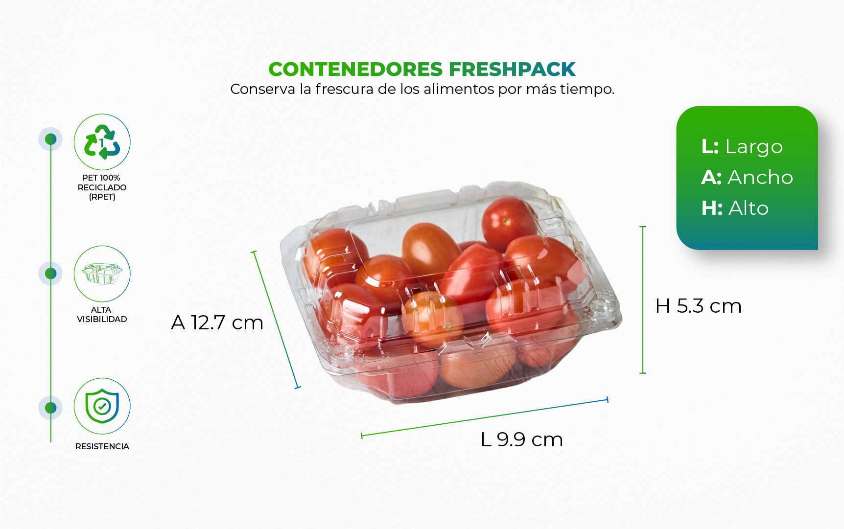 Empaque para frutas y hortalizas con sistema de ventilación, ideal para conservar, proteger y exhibir los alimentos frescos por más tiempo.