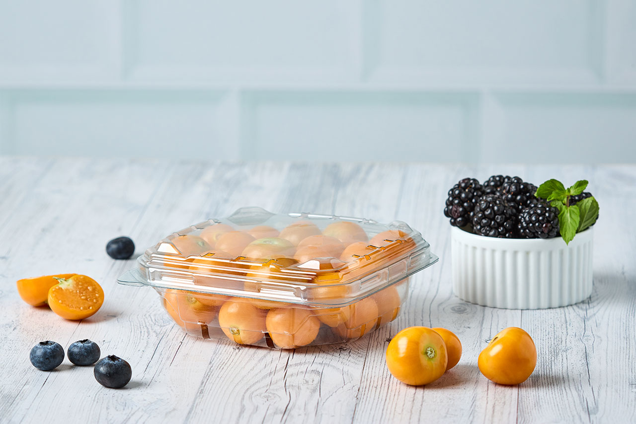 Empaque para frutas y hortalizas con sistema de ventilación, ideal para conservar, proteger y exhibir los alimentos frescos por más tiempo.